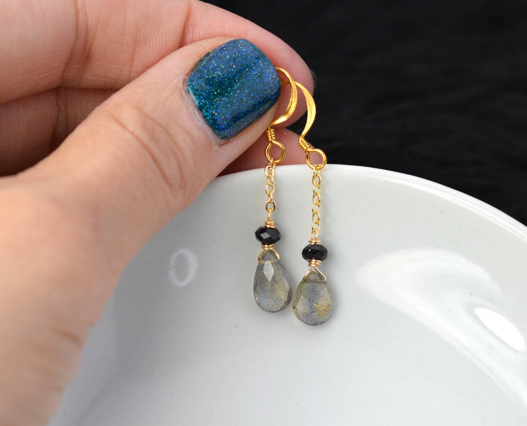 Dainty Labradorite and Onyx Gold Chain Earrings