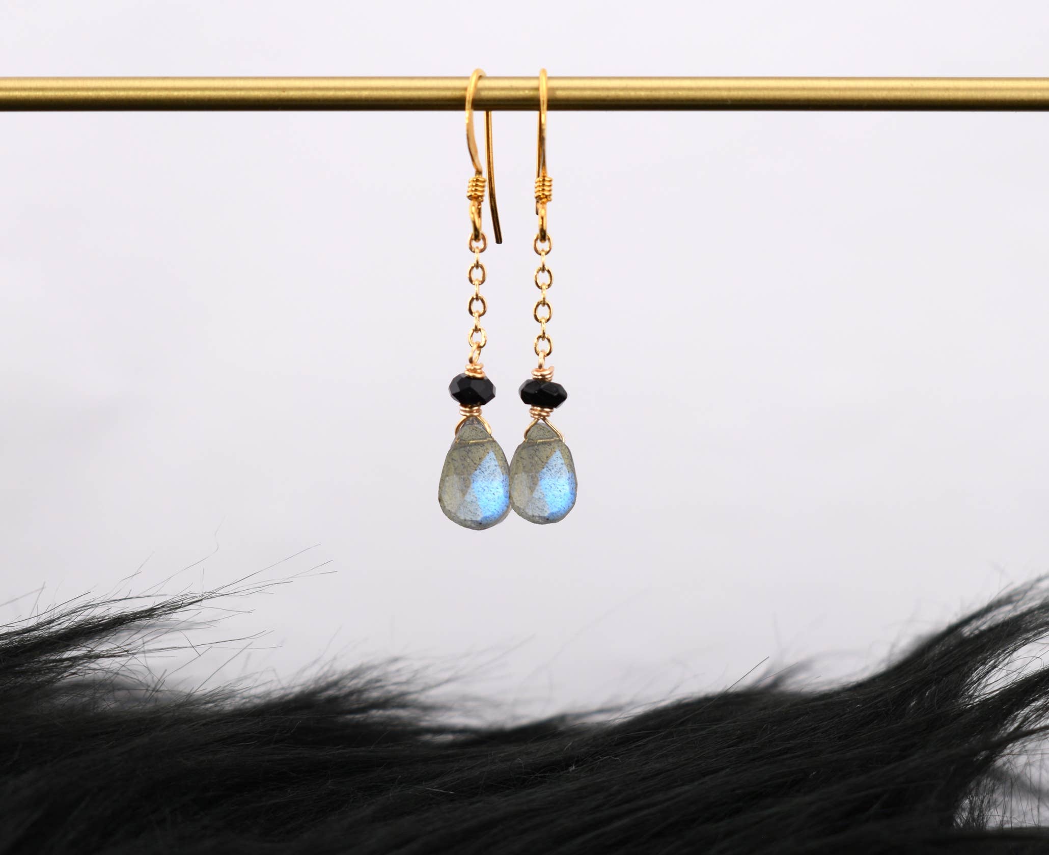 Dainty Labradorite and Onyx Gold Chain Earrings