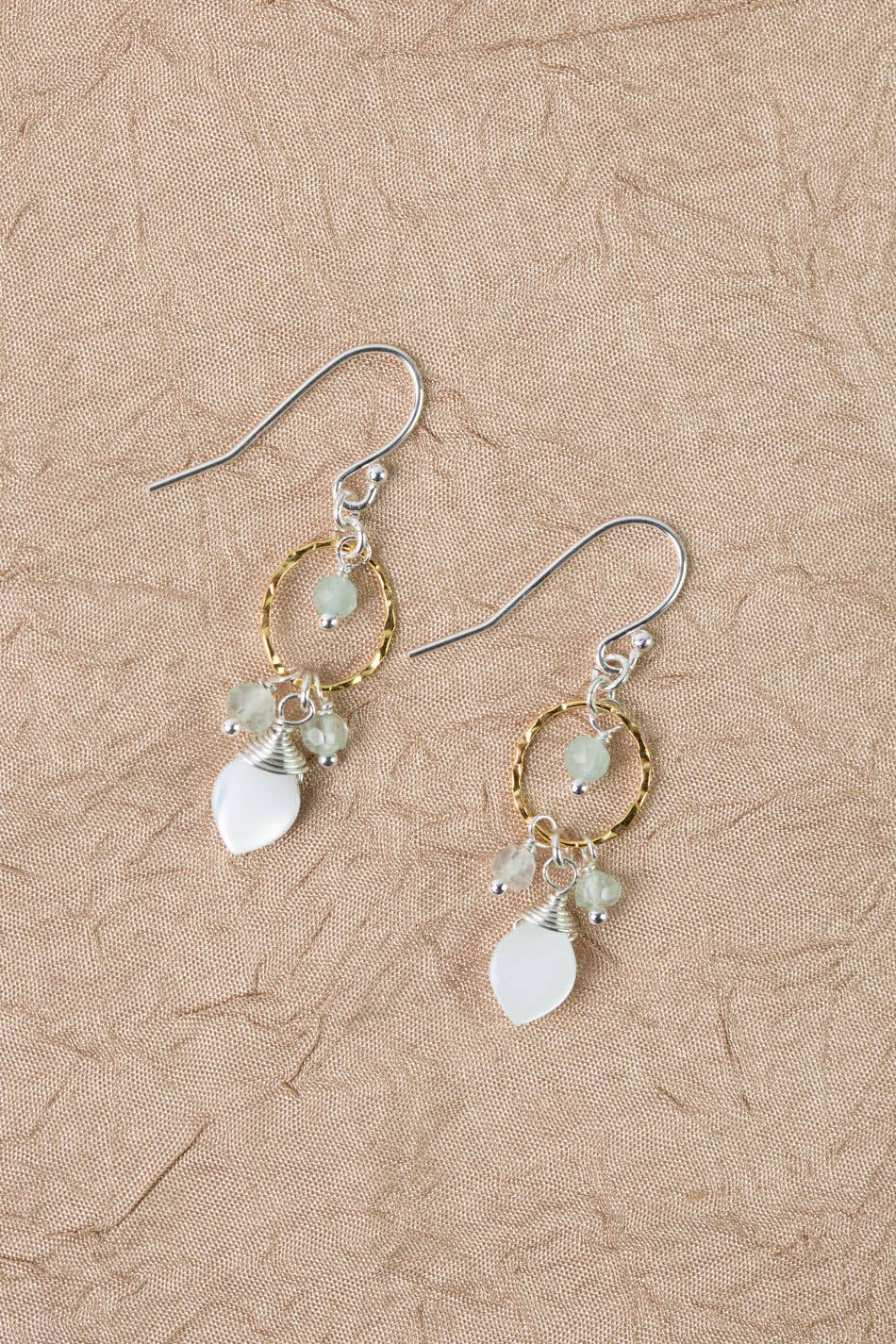 Serenity Aquamarine, Prehnite with Smooth Mother of Pearl Teardrop Earring
