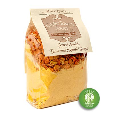 Bag of Sweet Annie's Butternut Squash Bisque with a visible gluten-free logo on a white background