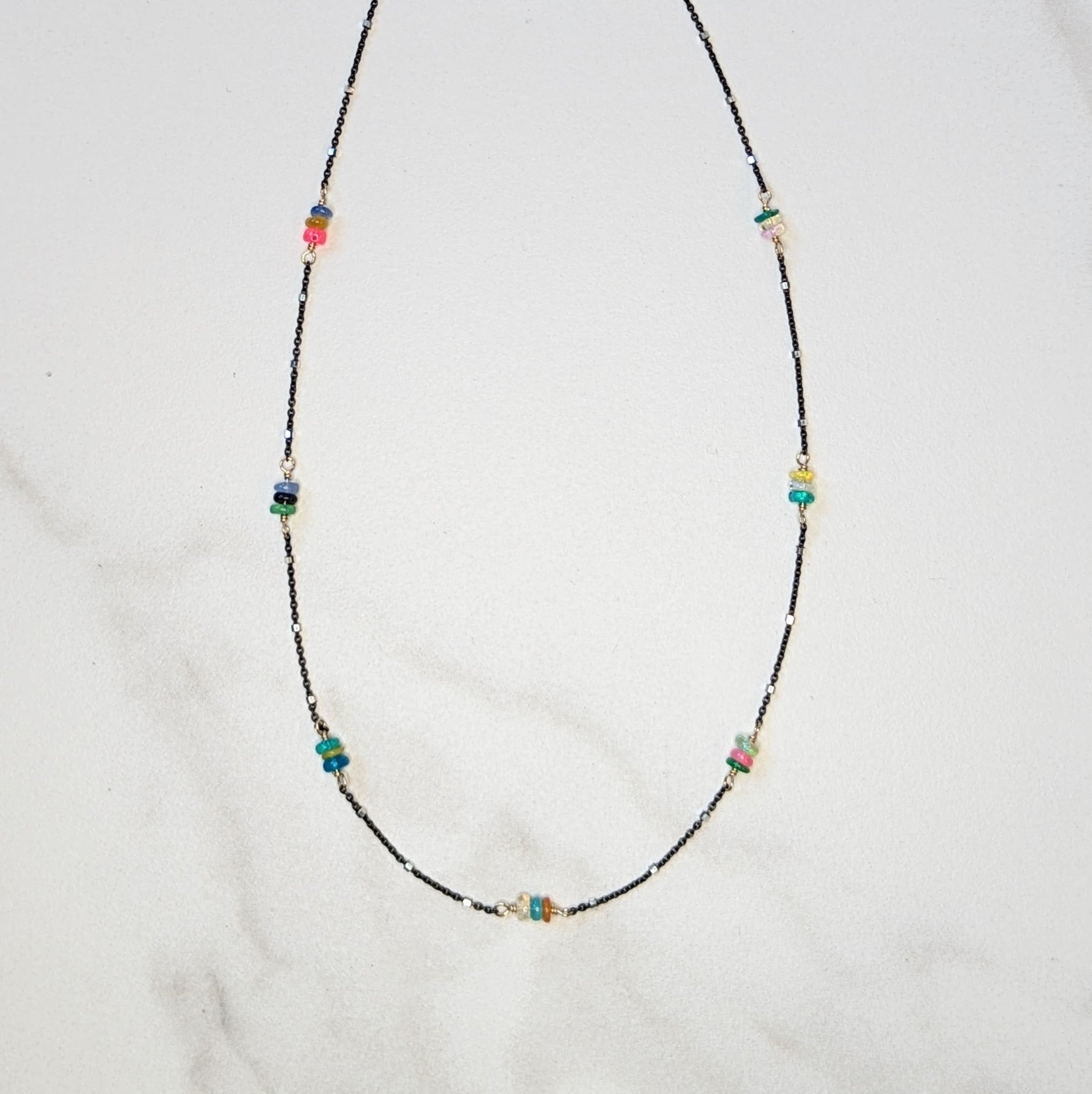 Rainbow Opal Black Onyx Chain Necklace