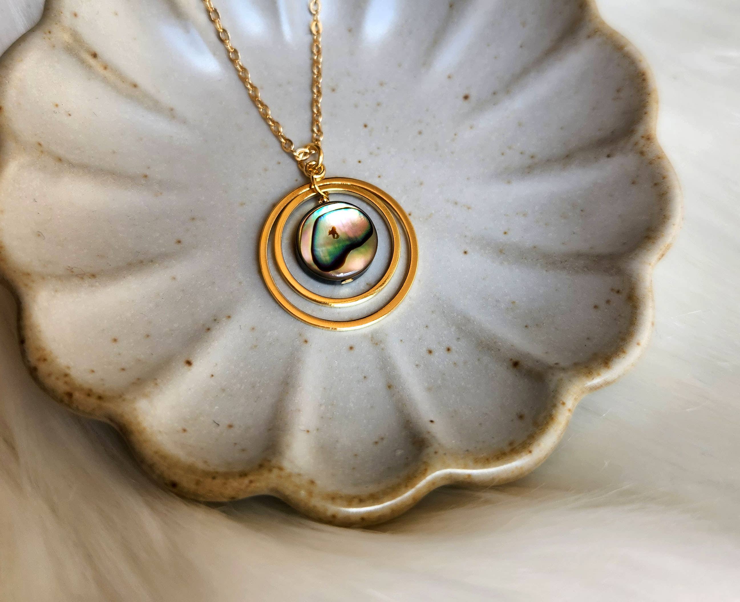 Ocean Orbit Abalone Double Gold Circles Necklace