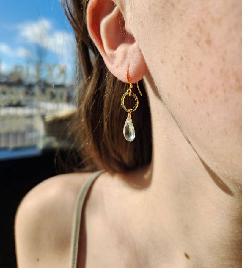 Green Amethyst Gold Circle Earrings