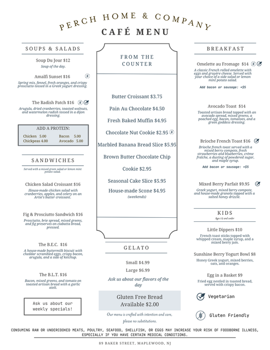 Perch Home & Company | Cafe Menu