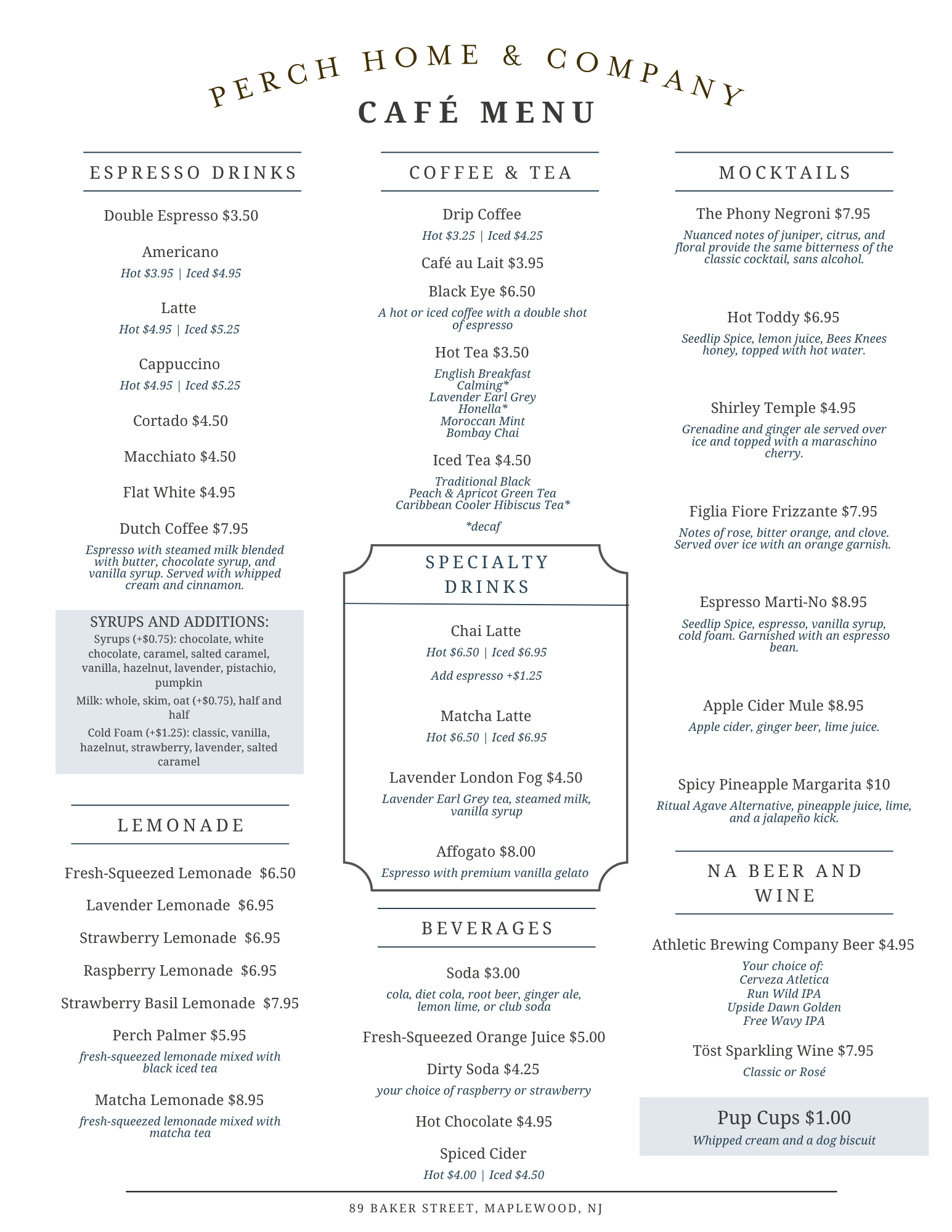 A printed cafe menu from Perch Home & Company featuring sections for Espresso Drinks, Coffee & Tea, Mocktails, Specialty Drinks, Lemonade, Beverages, and a Beer and Wine list, with prices and descriptions on a white background.