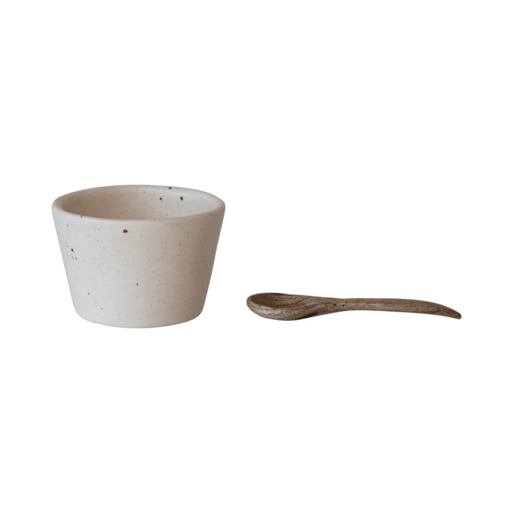 Cream Stoneware Bowl With Mango Wood Spoon