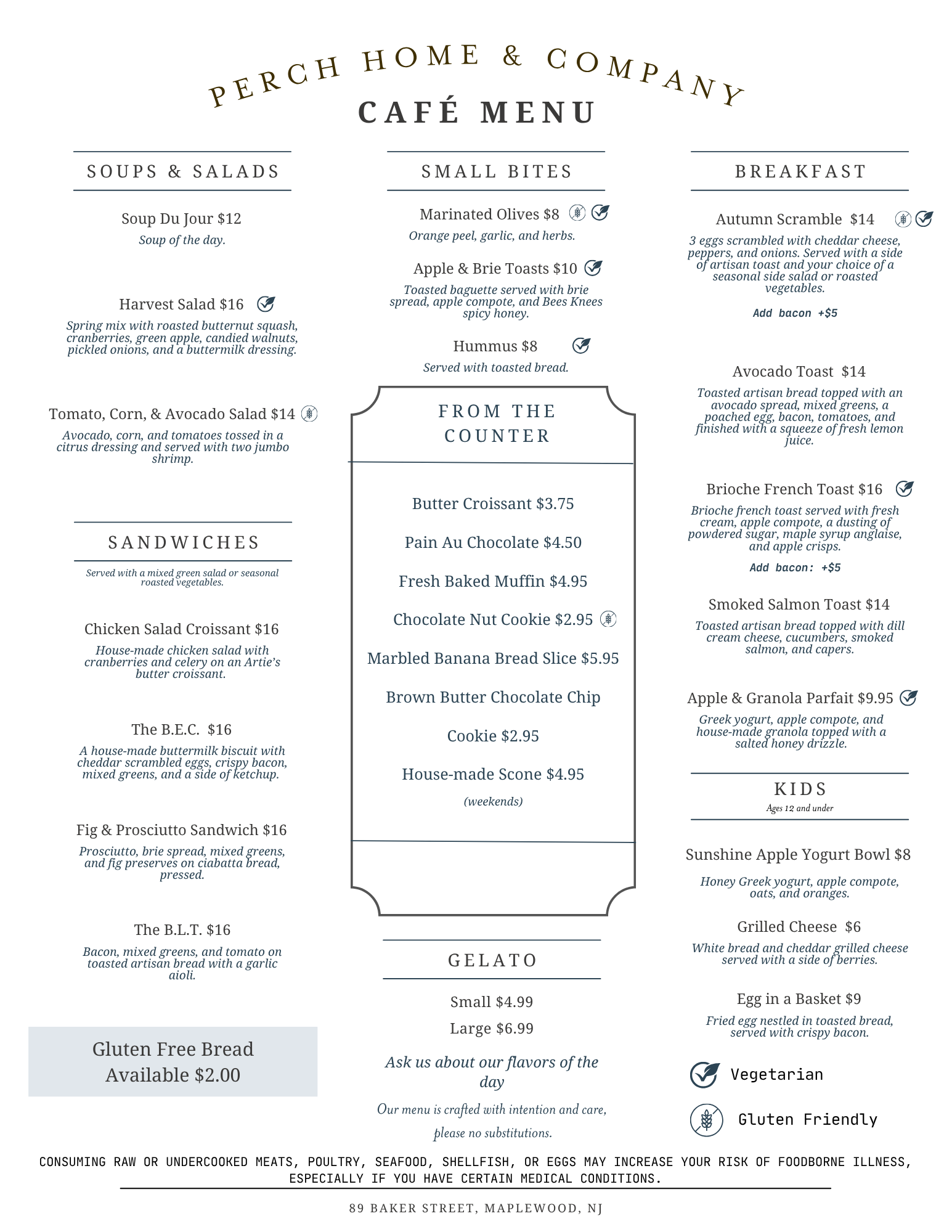 A printed cafe menu from Perch Home & Company featuring sections for soups, salads, sandwiches, small meals, breakfast, gelato, and kids, with prices and gluten-free and vegetarian indicators.