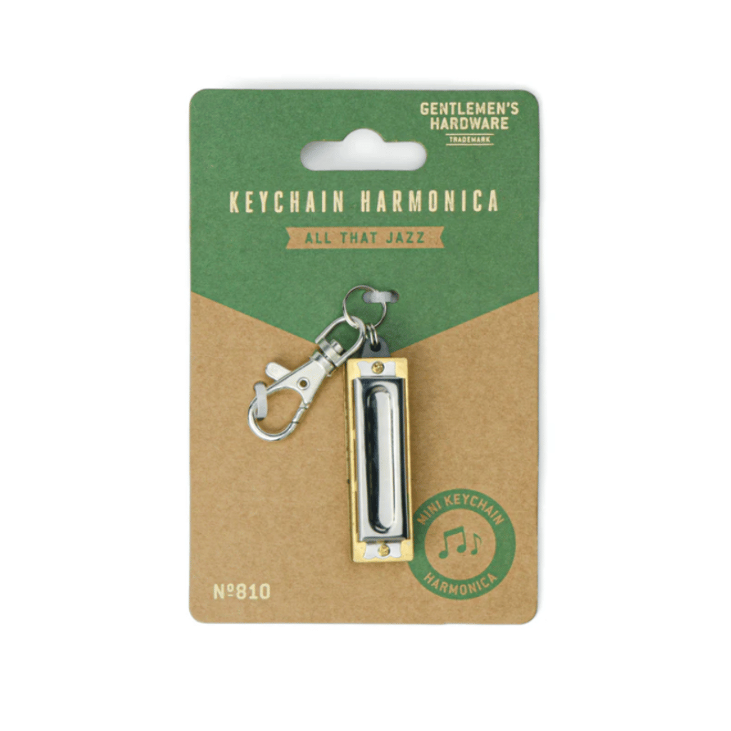 Keychain harmonica on a packaging card with 'Gentlemen's Hardware' branding.