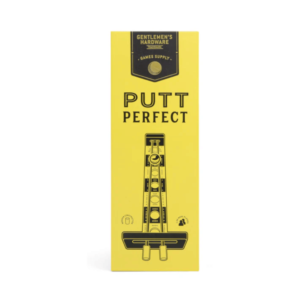 Yellow packaging of 'Putt Perfect' with black text and design on a white background
