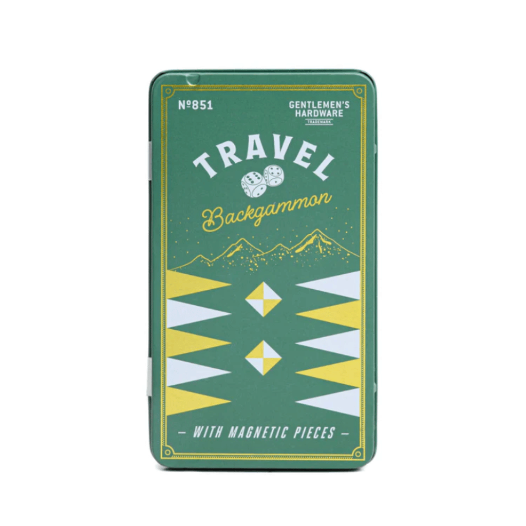 Travel backgammon set packaging with geometric design on a white background