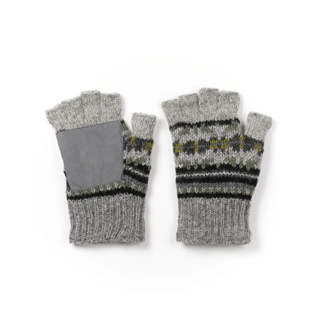 Pair of gray and black striped fingerless gloves on a white background