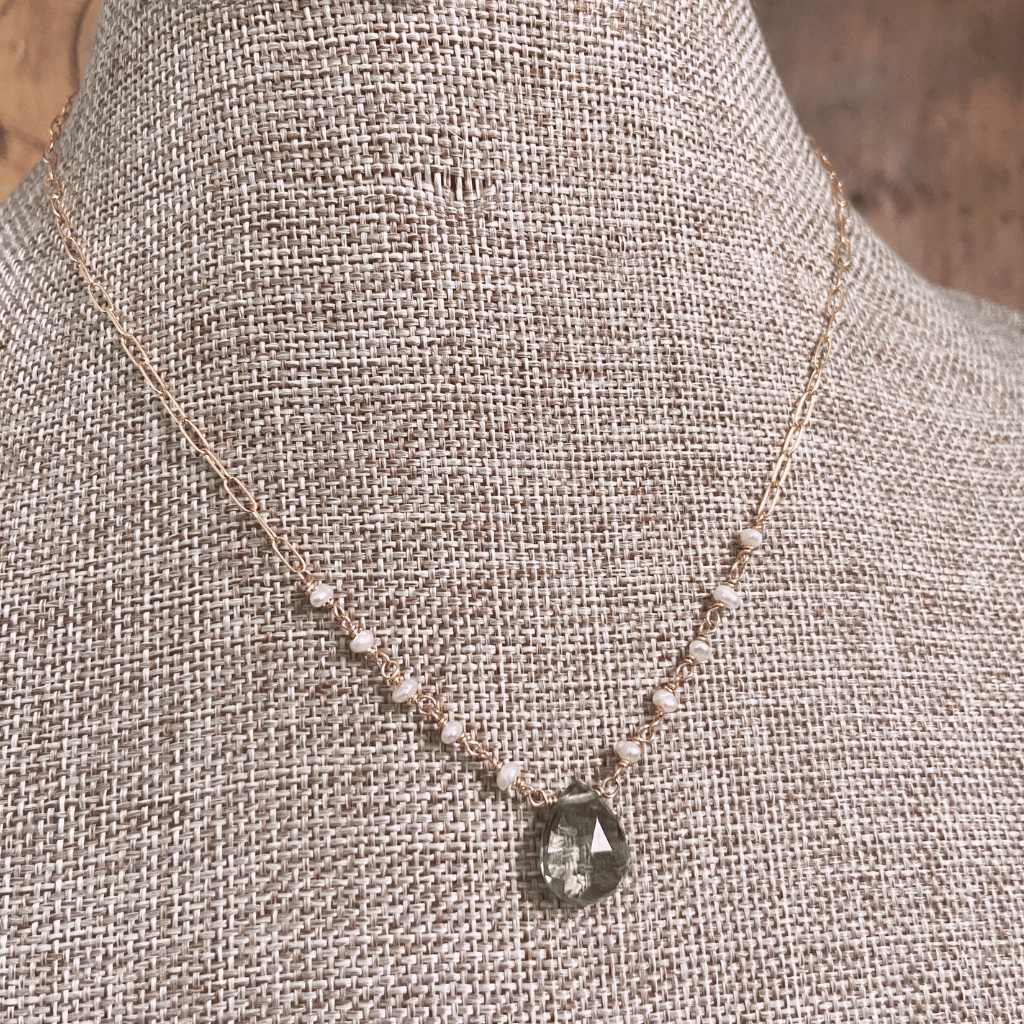 Pearl Beaded Green Amethyst Teardrop Necklace