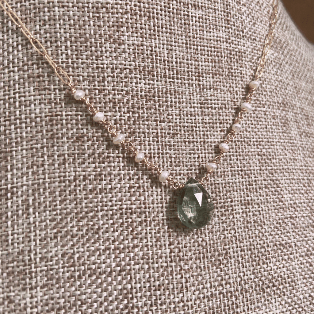 Pearl Beaded Green Amethyst Teardrop Necklace