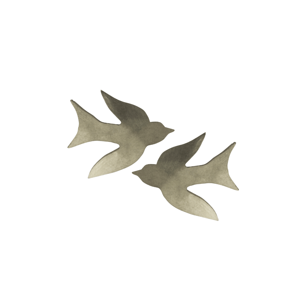 Pair of silver bird-shaped earrings on a white background