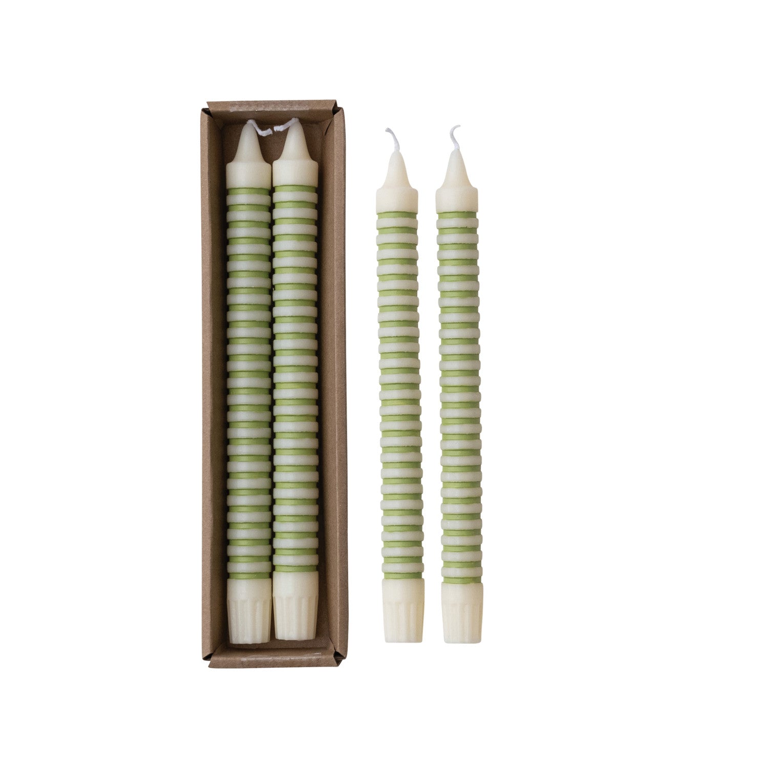 Unscented Striped Taper Candles in Box, Green, Set of 2 (Est. Burn Time 6 Hours)