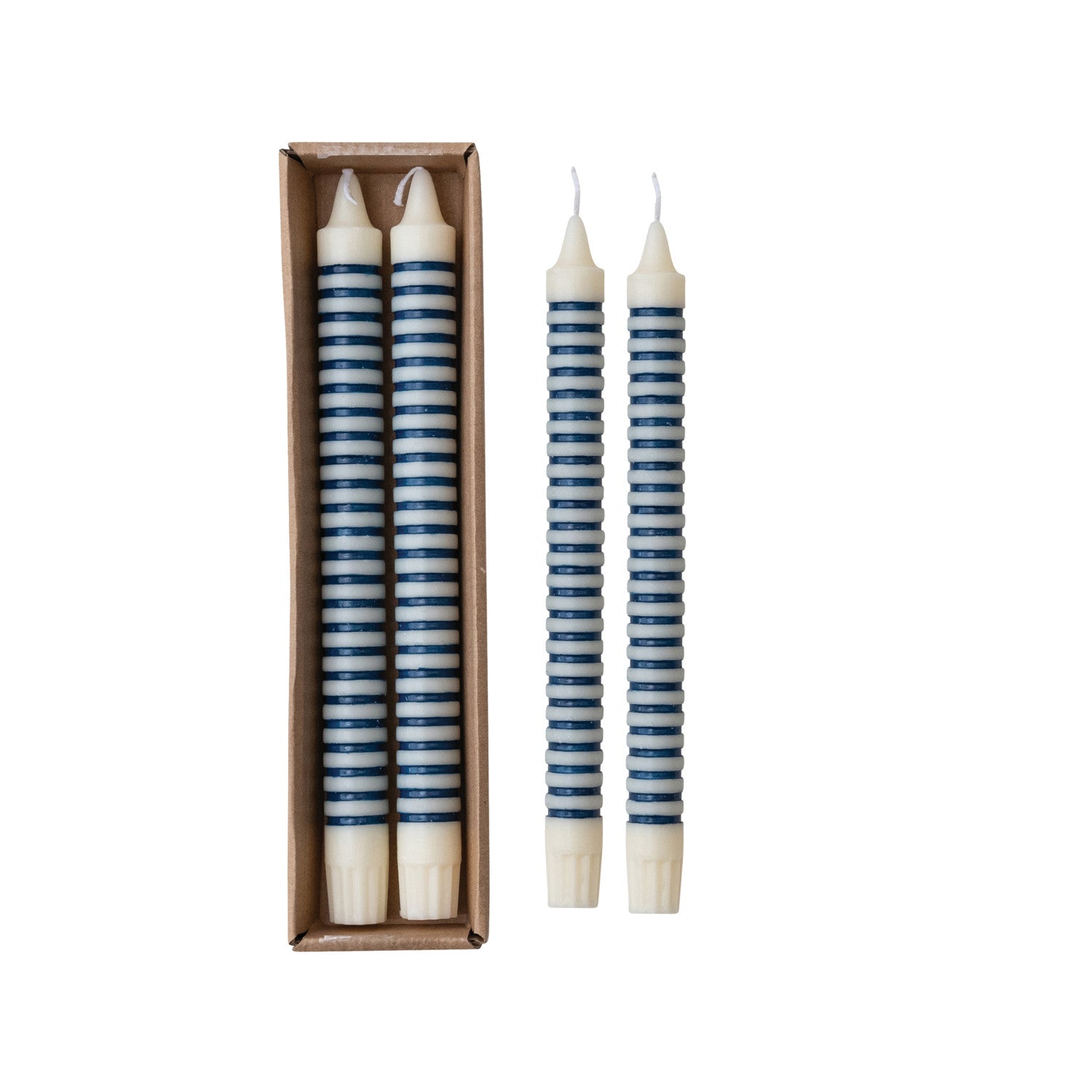 Unscented Striped Taper Candles in Box, Blue, Set of 2 (Est. Burn Time 6 Hours)