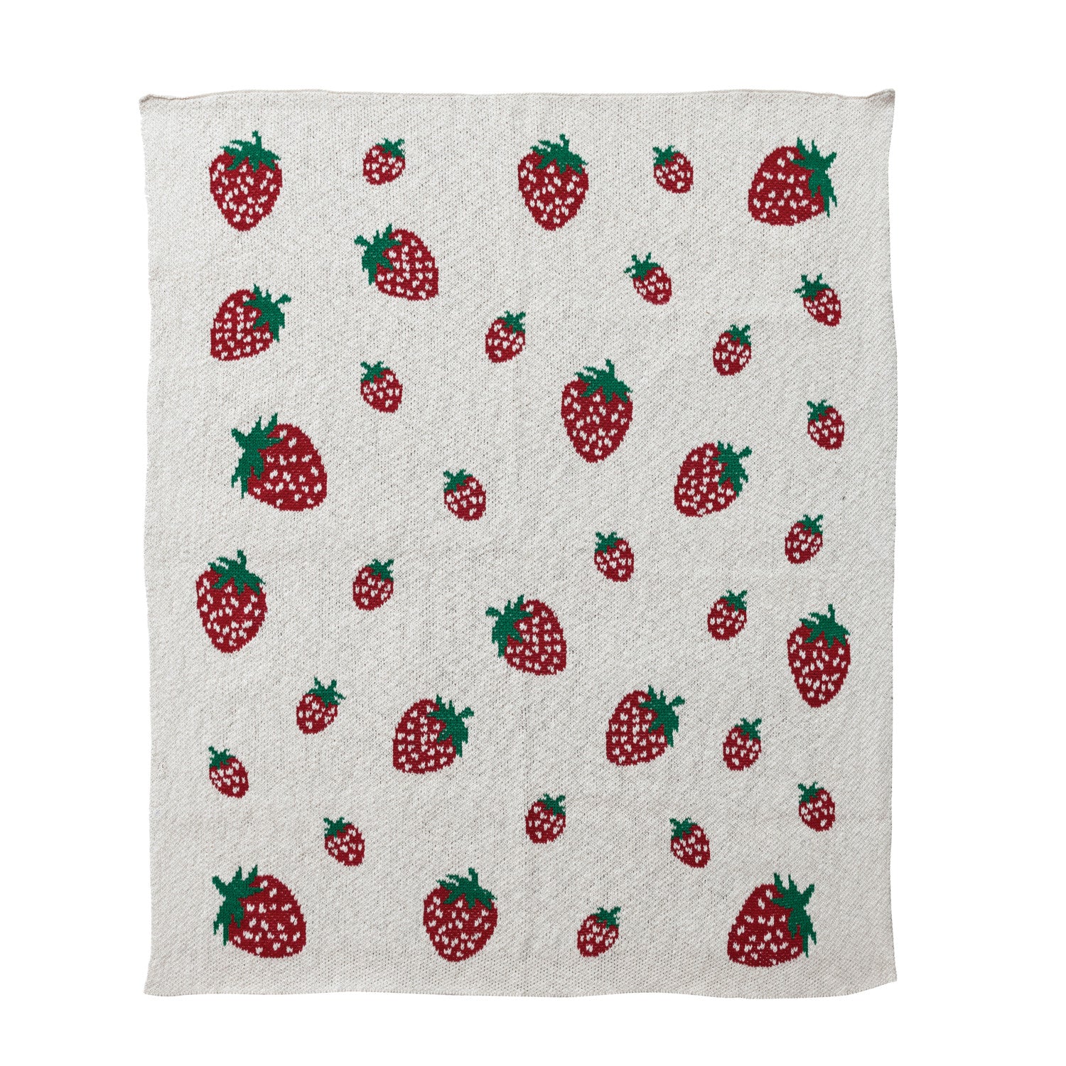 Cotton Knit Baby Blanket with Strawberries, Cream Color, Red & Green