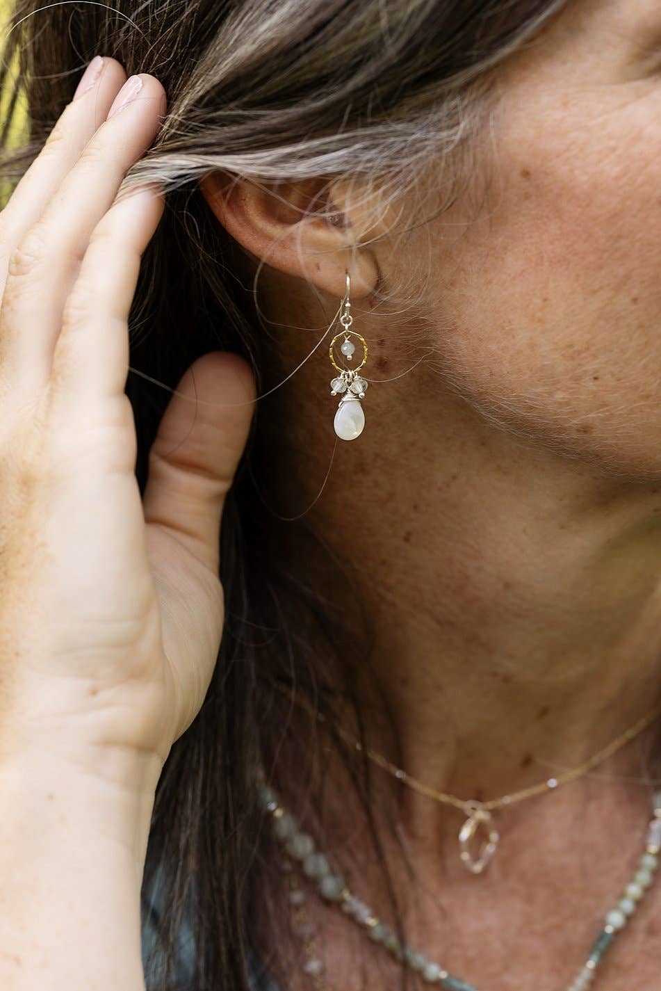Serenity Aquamarine, Prehnite with Smooth Mother of Pearl Teardrop Earring