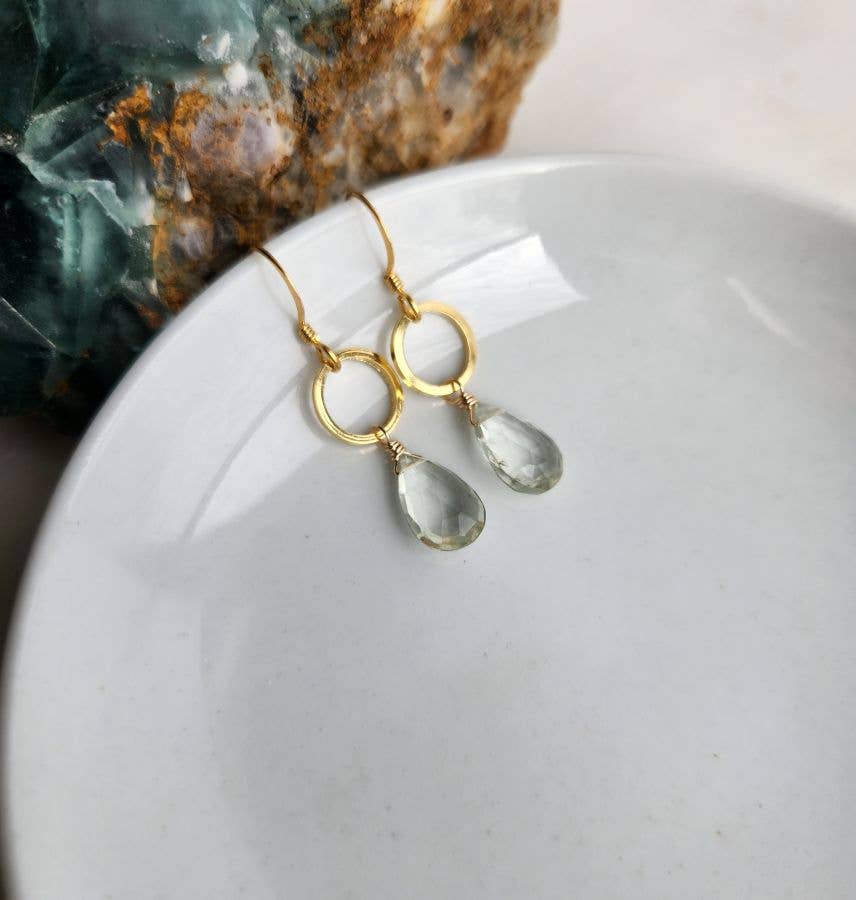 Green Amethyst Gold Circle Earrings