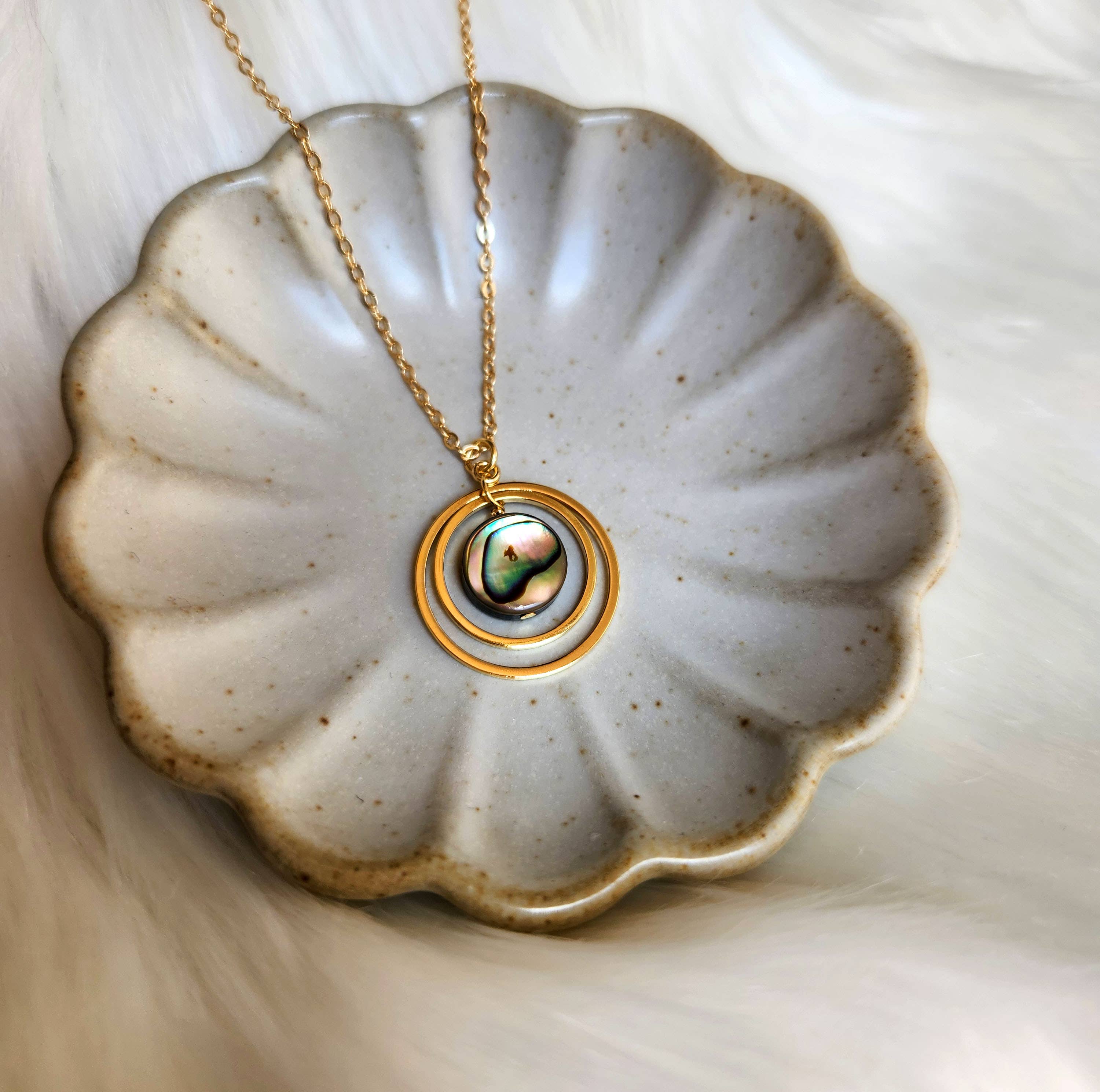 Ocean Orbit Abalone Double Gold Circles Necklace