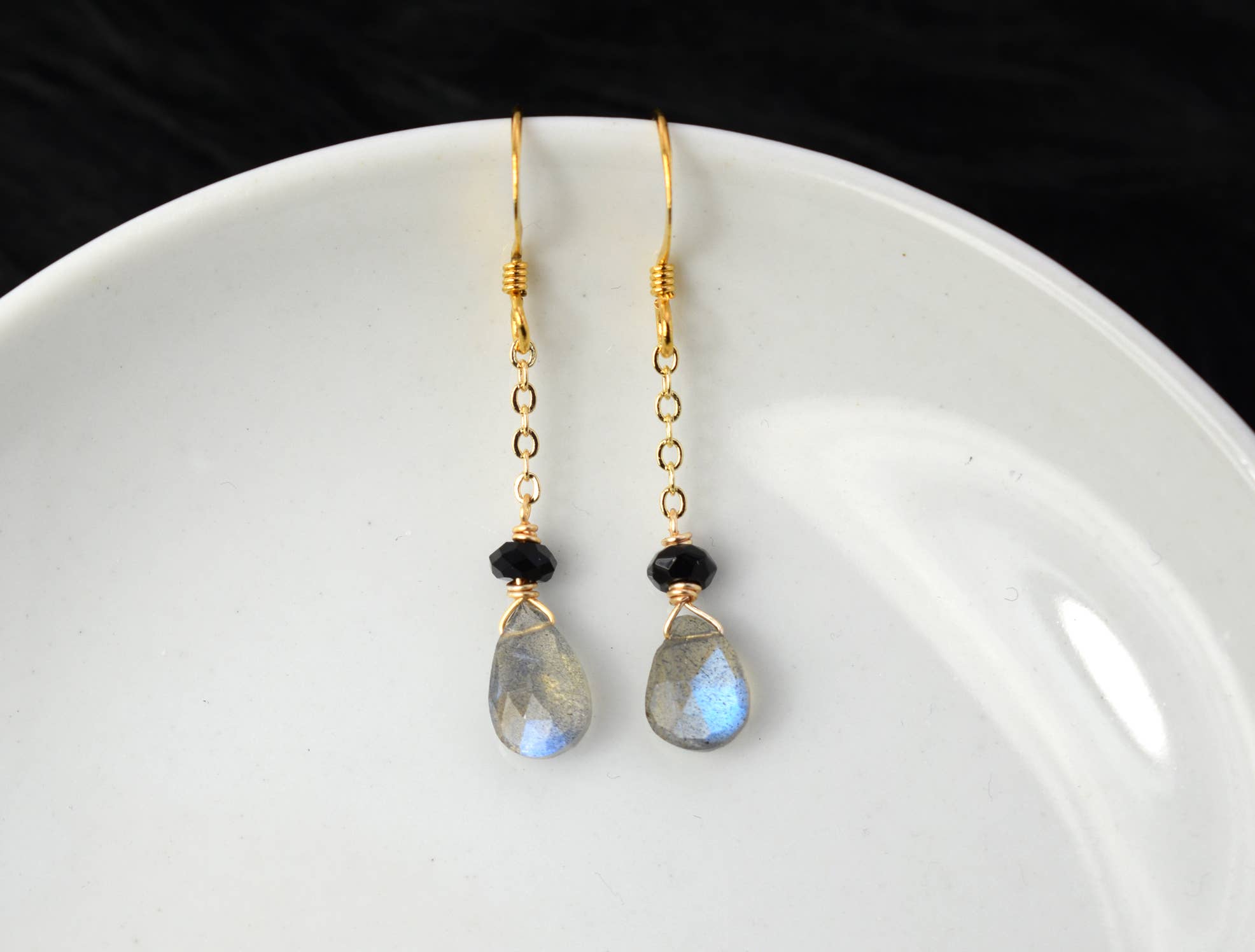 Dainty Labradorite and Onyx Gold Chain Earrings