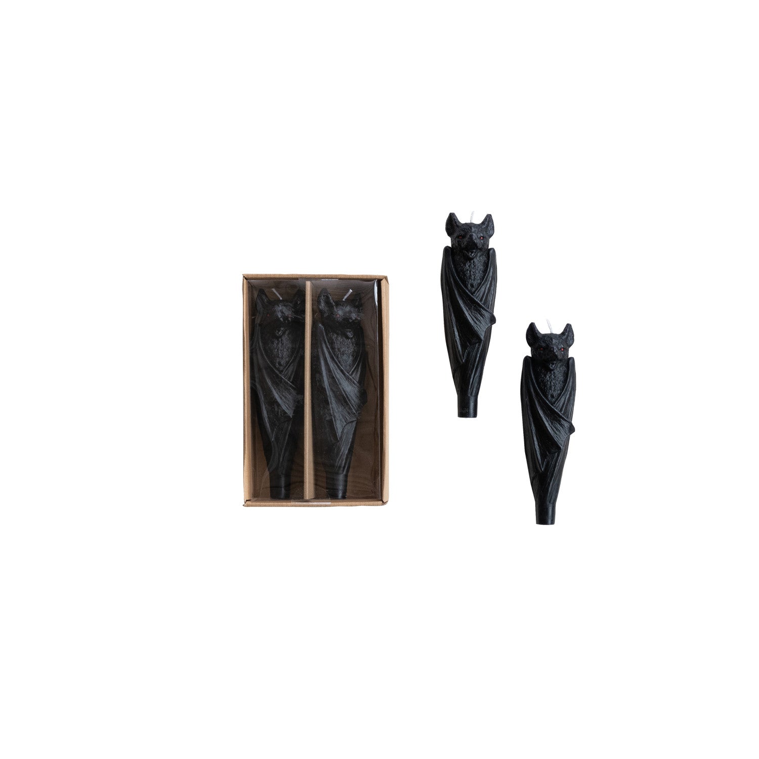 Unscented Bat Shaped Taper Candles in Box, Black, Set of 2