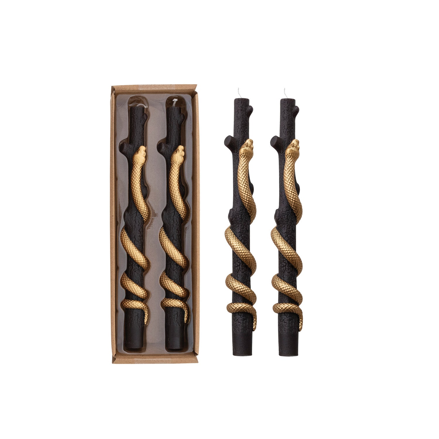 Unscented Twig Shaped Taper Candles with Snake in Box, Black & Gold Color, Set of 2