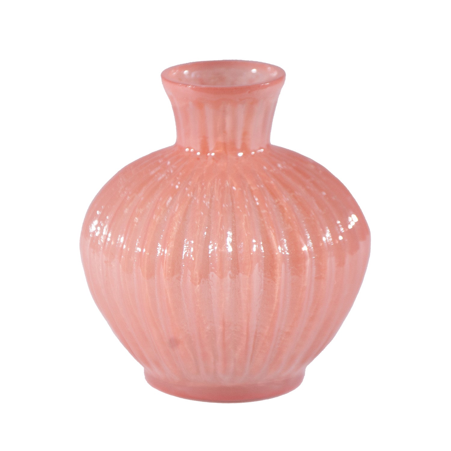 4" Round x 3"H Glass Fluted Vase, Iridescent Finish, Pink